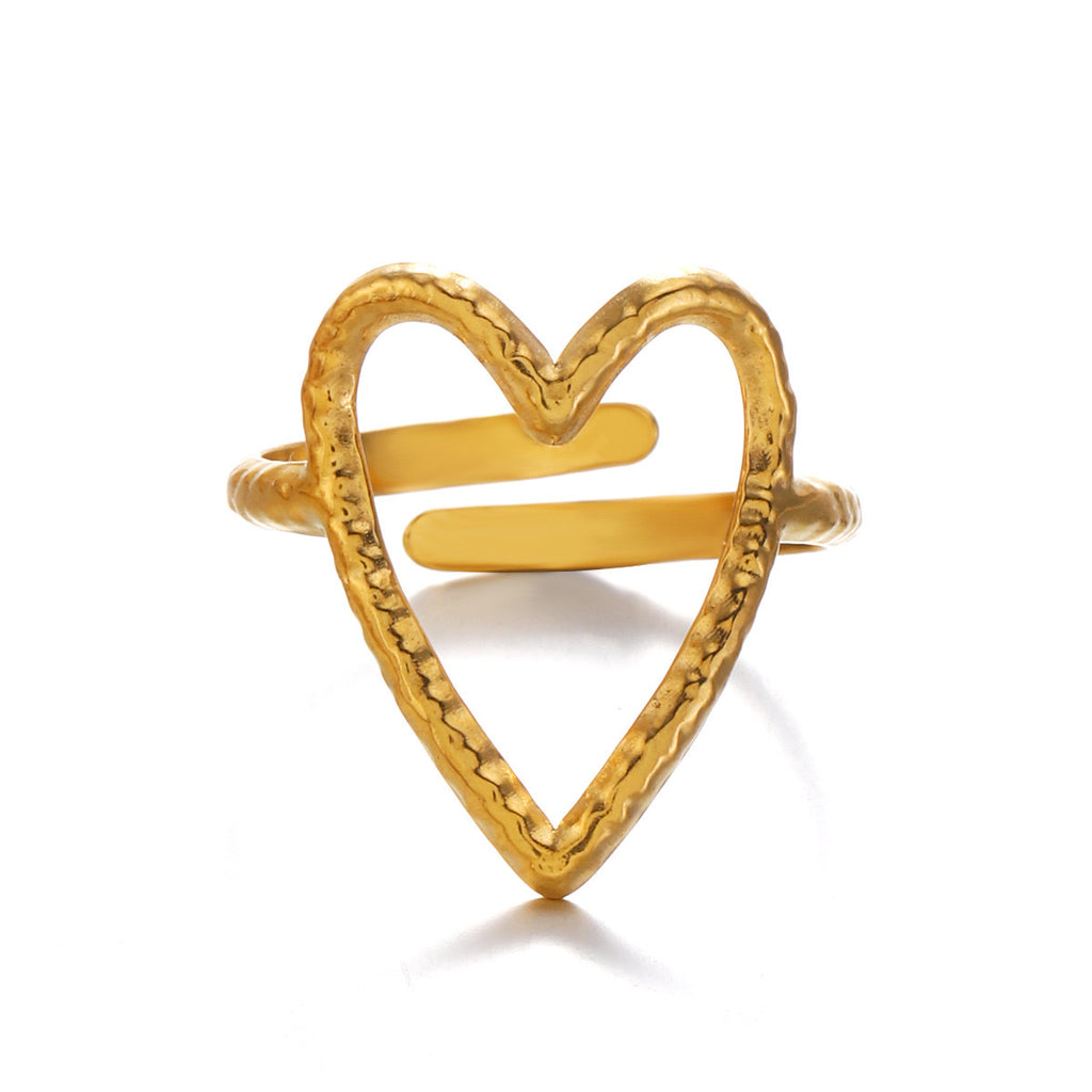 Shiny love heart design adjustable size gold & silver stainless steel water resistant ring