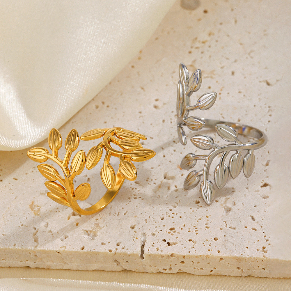 Large tree leaf inspired adjustable ring stainless steel water resistant