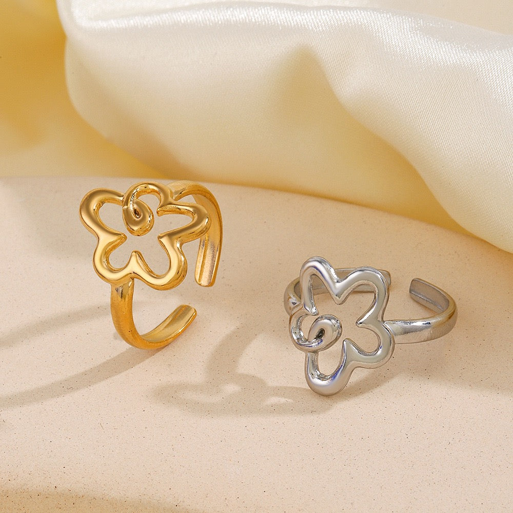 Floral geometric design adjustable open ring stainless steel water-resistant