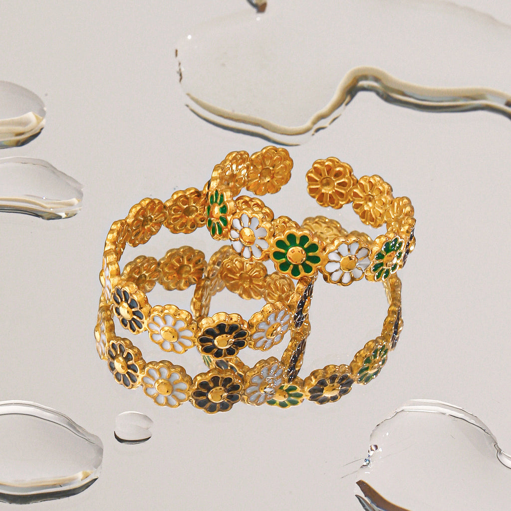 Floral Daisy design adjustable ring 18K Gold stainless steel tarnish free water resistant