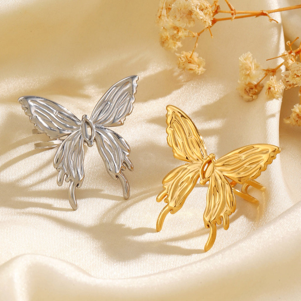 Large exquisite butterfly adjustable open ring stainless steel tarnish free
