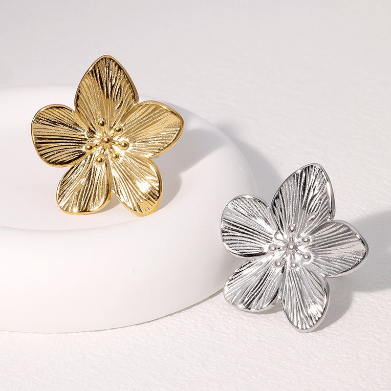 Large Floral inspired design adjustable ring tarnish free stainless steel