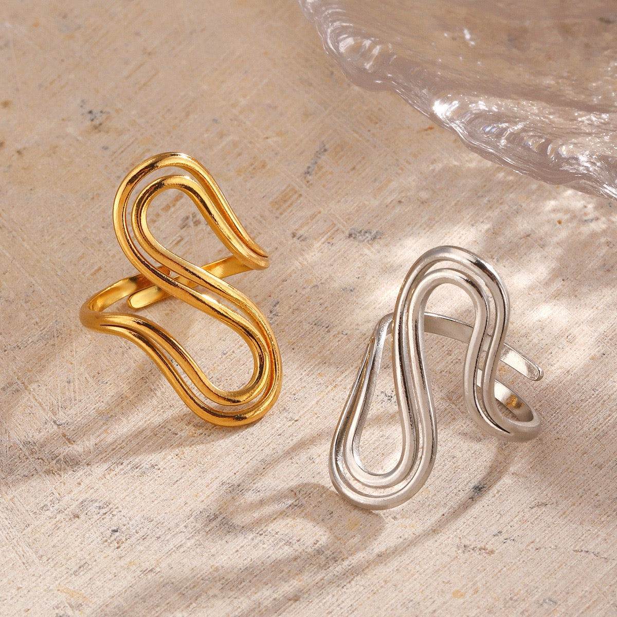 Large wave geometric “ free soul “ style adjustable open ring stainless steel water- resistant