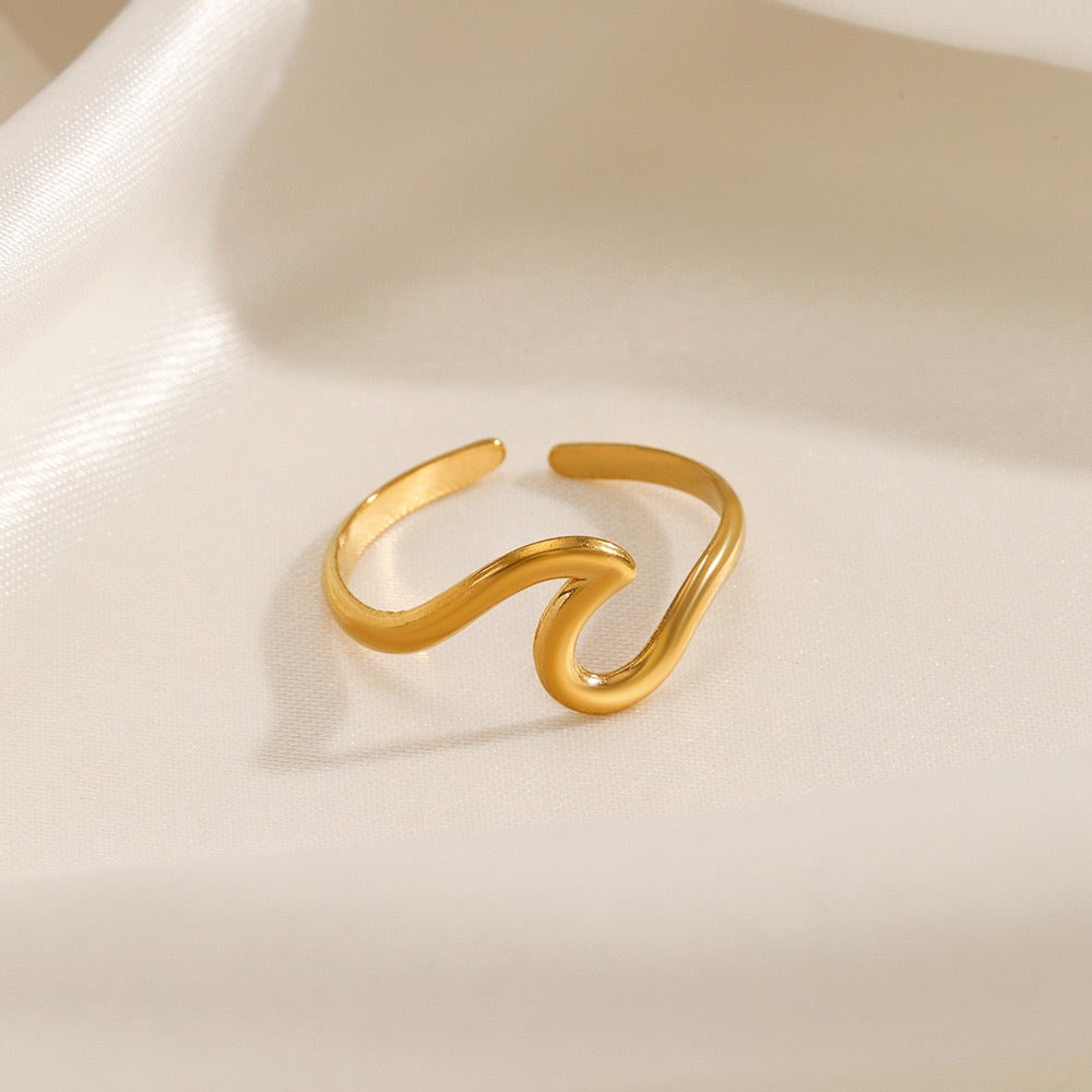 Wave geometric design adjustable open ring stainless steel water resistant