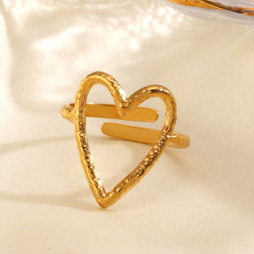 Shiny love heart design adjustable size gold & silver stainless steel water resistant ring