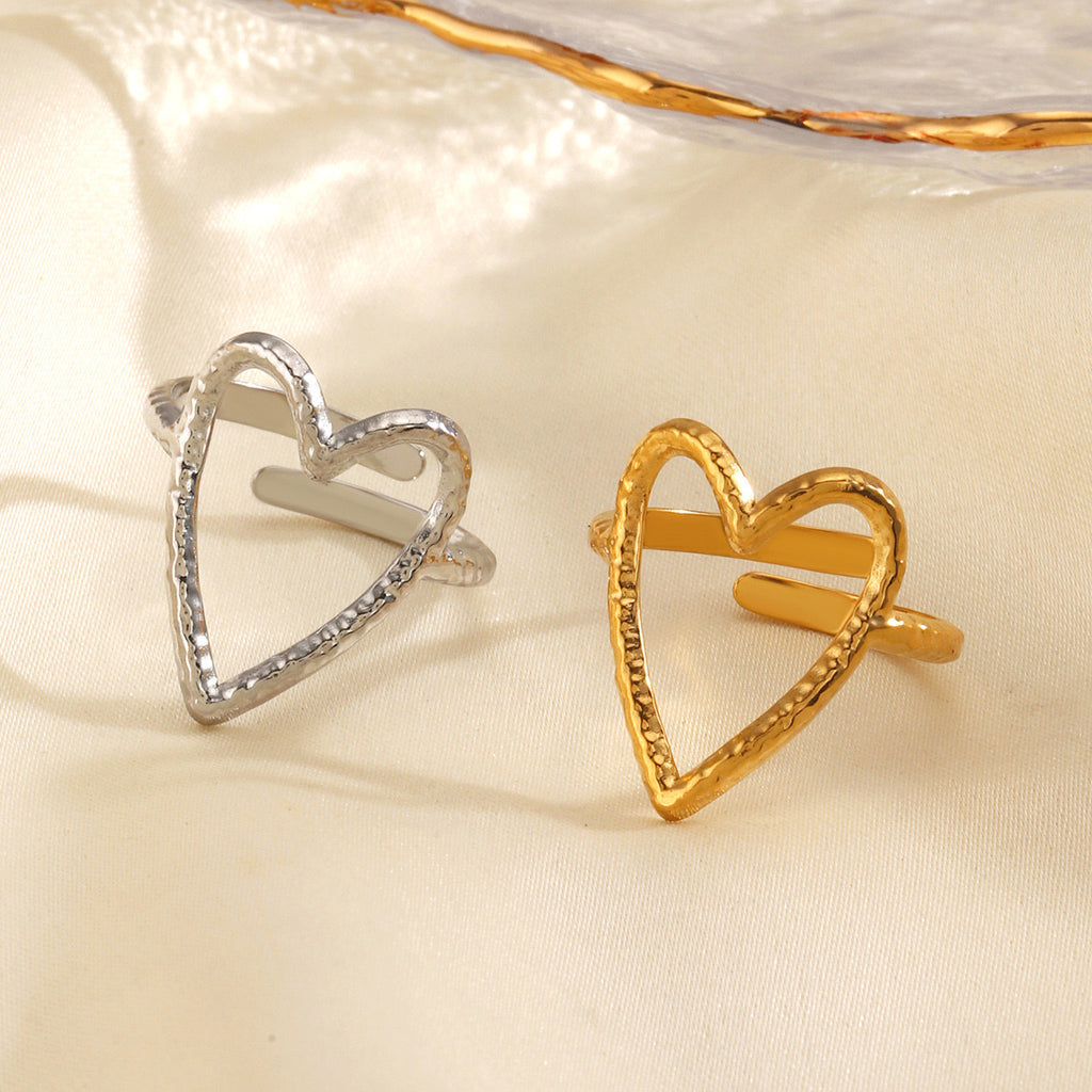 Shiny love heart design adjustable size gold & silver stainless steel water resistant ring