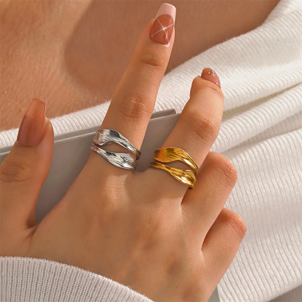 Double-layered irregular design stainless steel tarnish free water resistant adjustable size ring