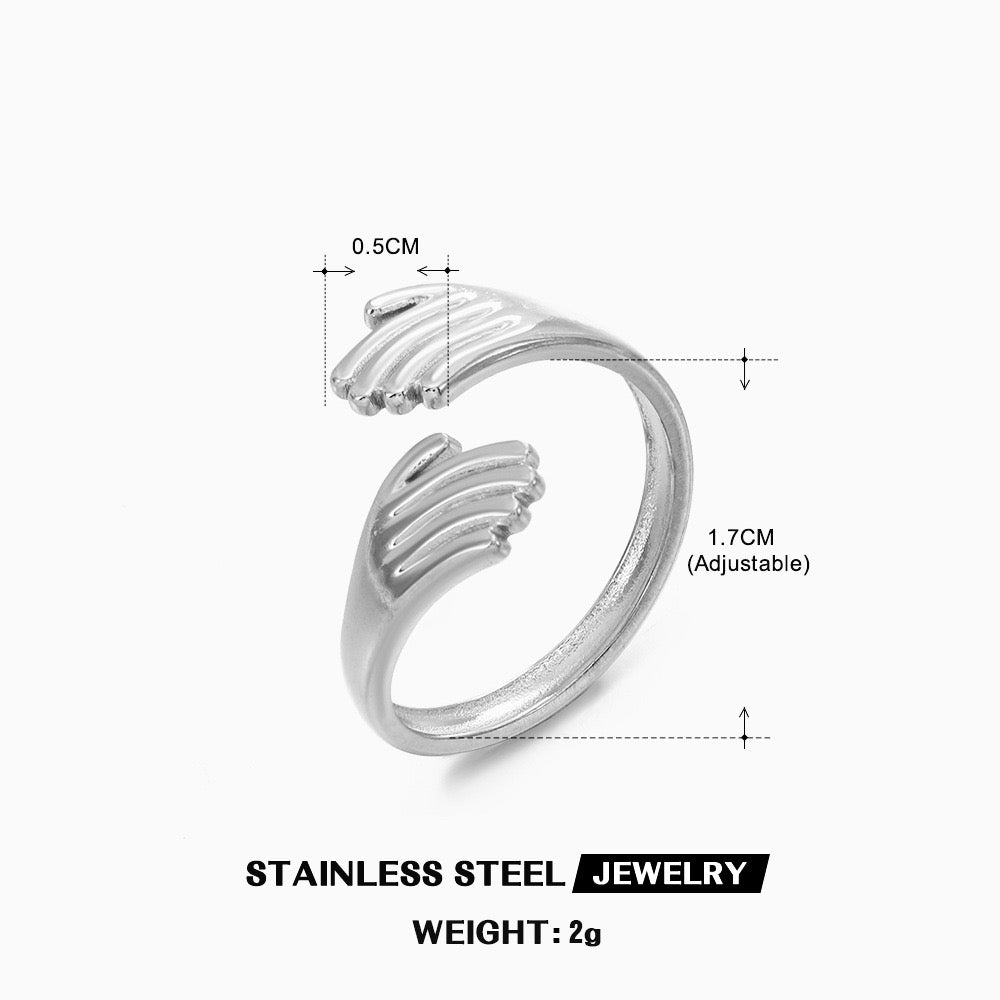 Hug with hands “ love yourself more “ design adjustable open ring stainless steel
