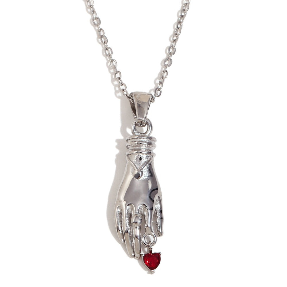 Hand with little red hearts love design silver&gold necklace stainless steel water proof