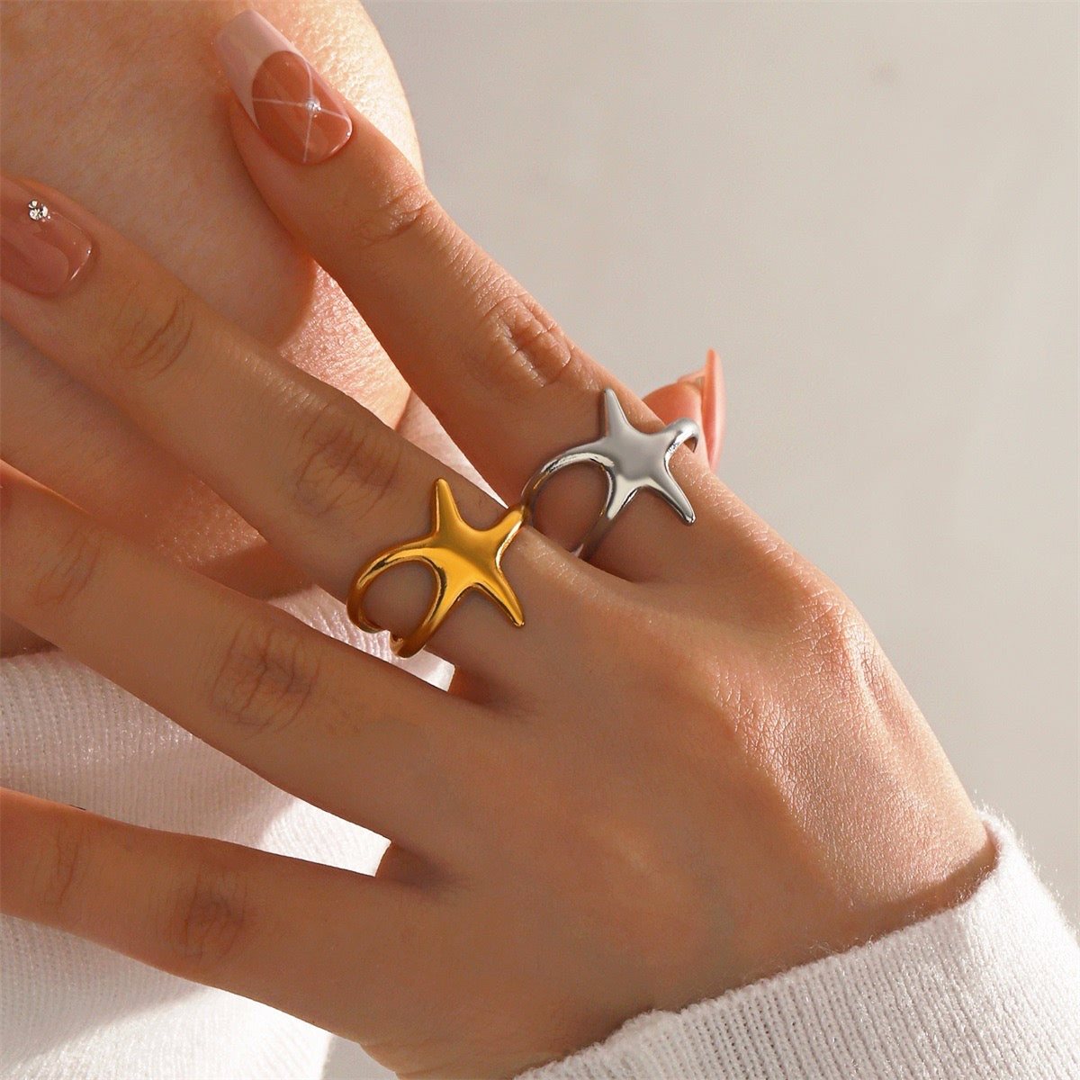 Ocean starfish design stainless steel tarnish free water resistant adjustable size ring