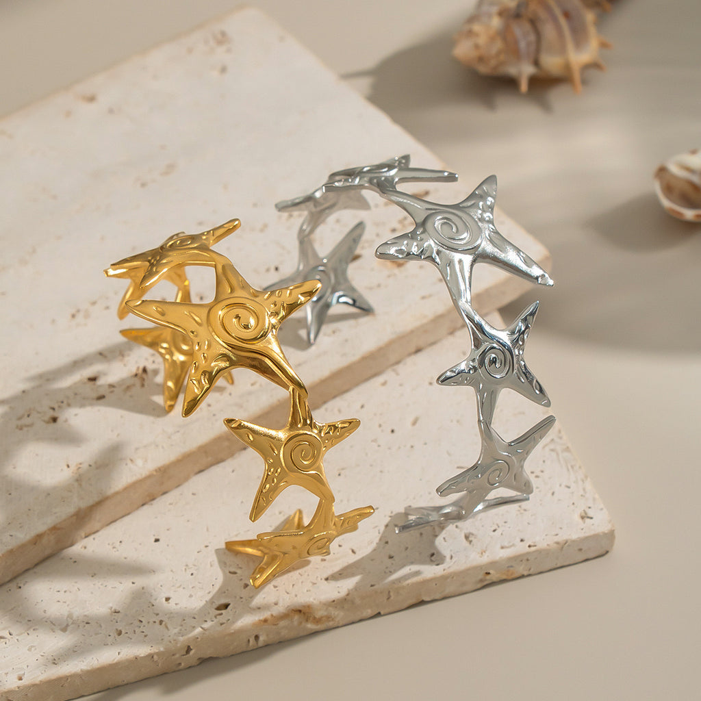 Starfish with swirl design gold&silver adjustable open bangle stainless steel tarnish free