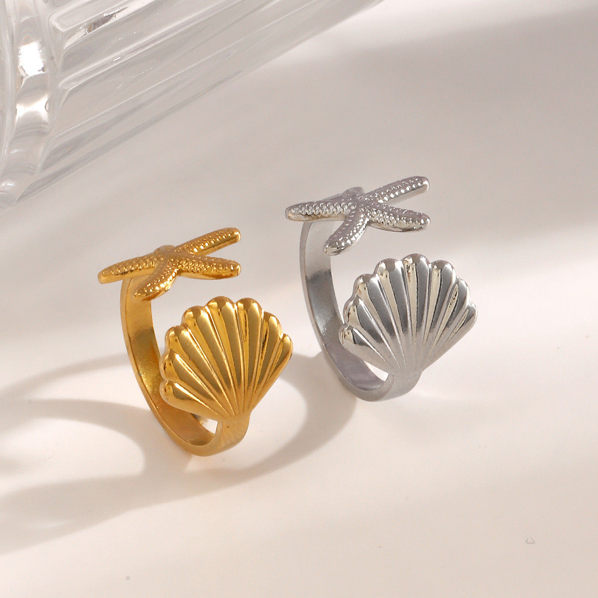 starfish and shell holiday ocean design silver &gold adjustable ring stainless steel water resistant
