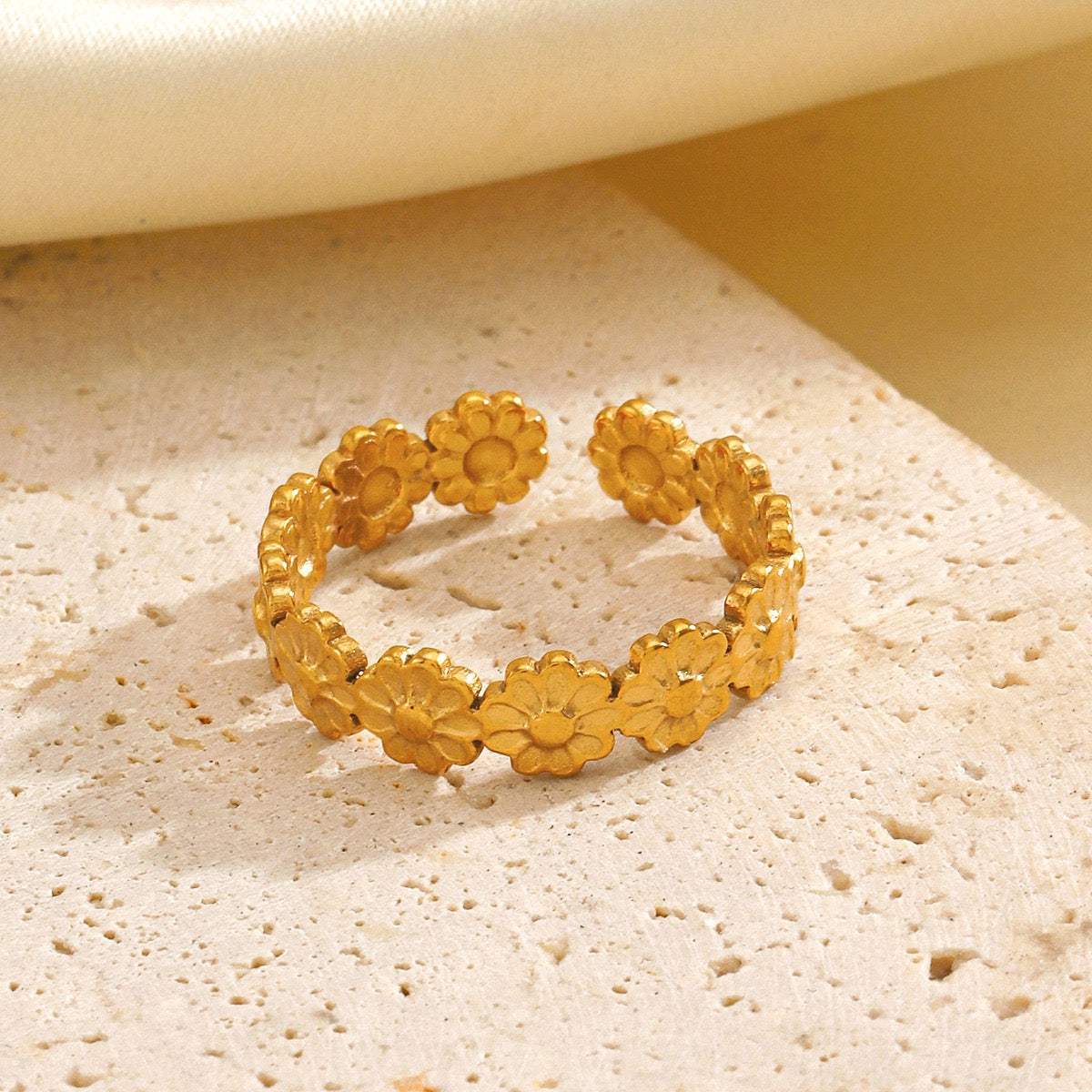 Simple gold Daisy wreath design adjustable open ring stainless steel water resistant