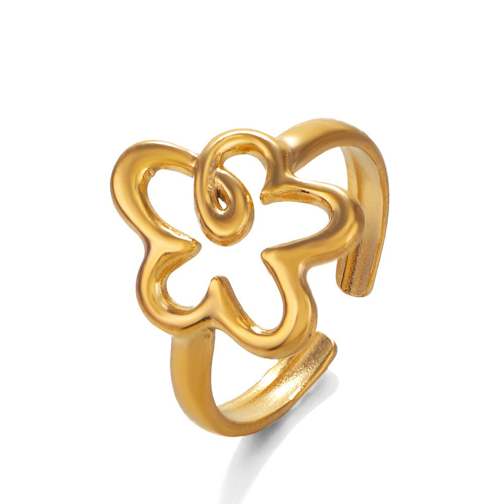 Floral geometric design adjustable open ring stainless steel water-resistant