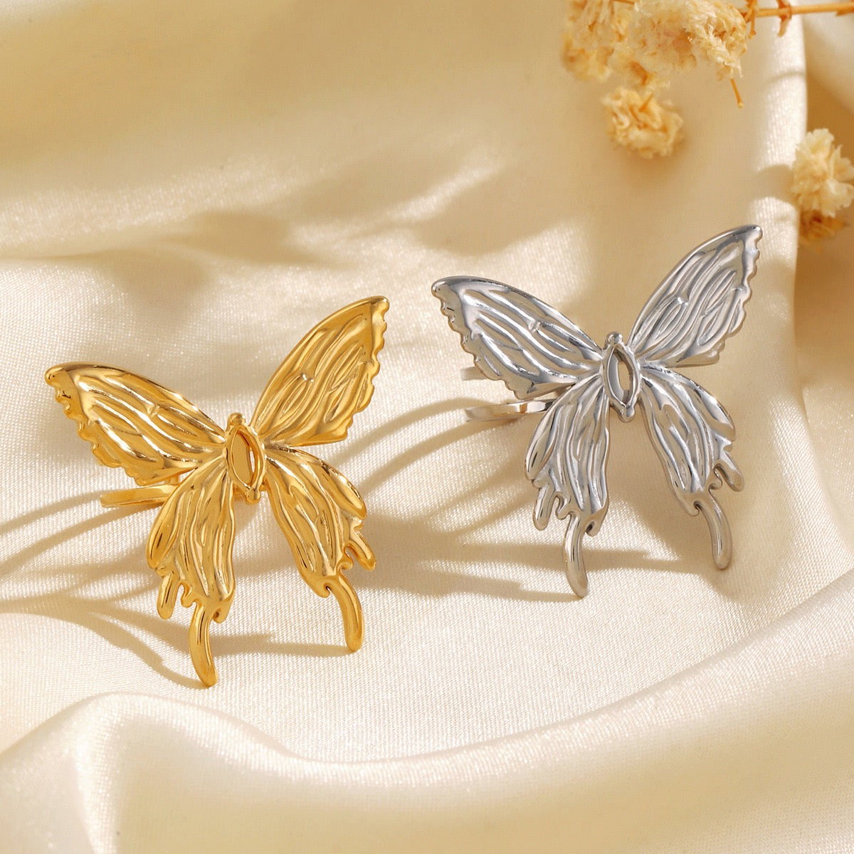 Large exquisite butterfly adjustable open ring stainless steel tarnish free
