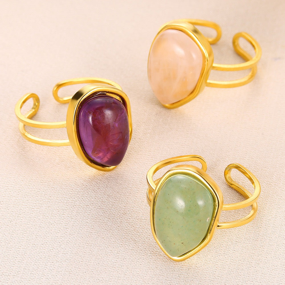 Gem stones adjustable open ring stainless steel tarnish free