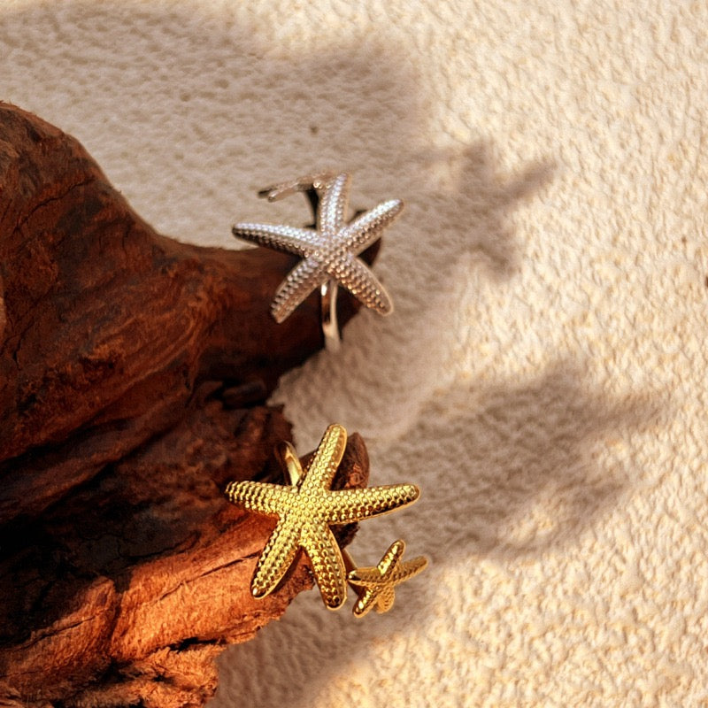 2 starfishes ocean inspired silver&gold adjustable open ring stainless steel tarnish free