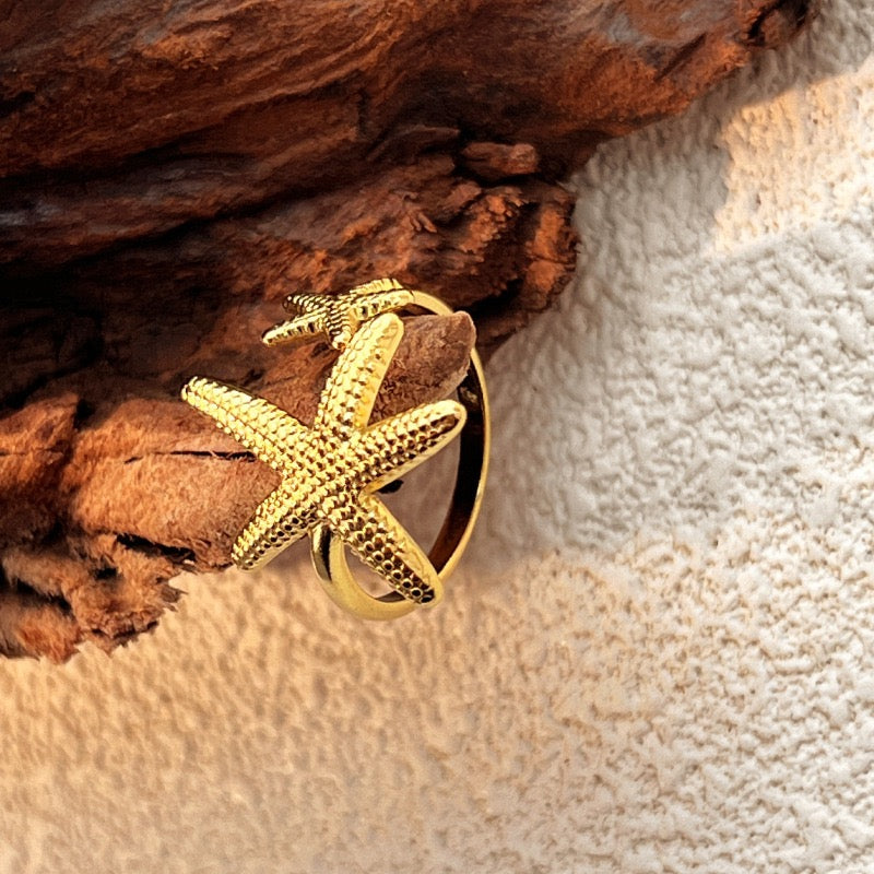 2 starfishes ocean inspired silver&gold adjustable open ring stainless steel tarnish free