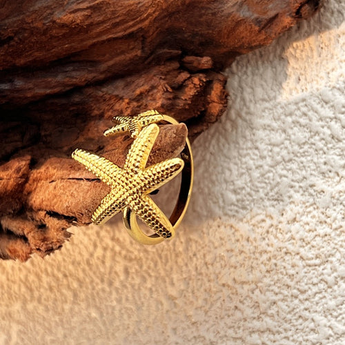 2 starfishes ocean inspired silver&gold adjustable open ring stainless steel tarnish free