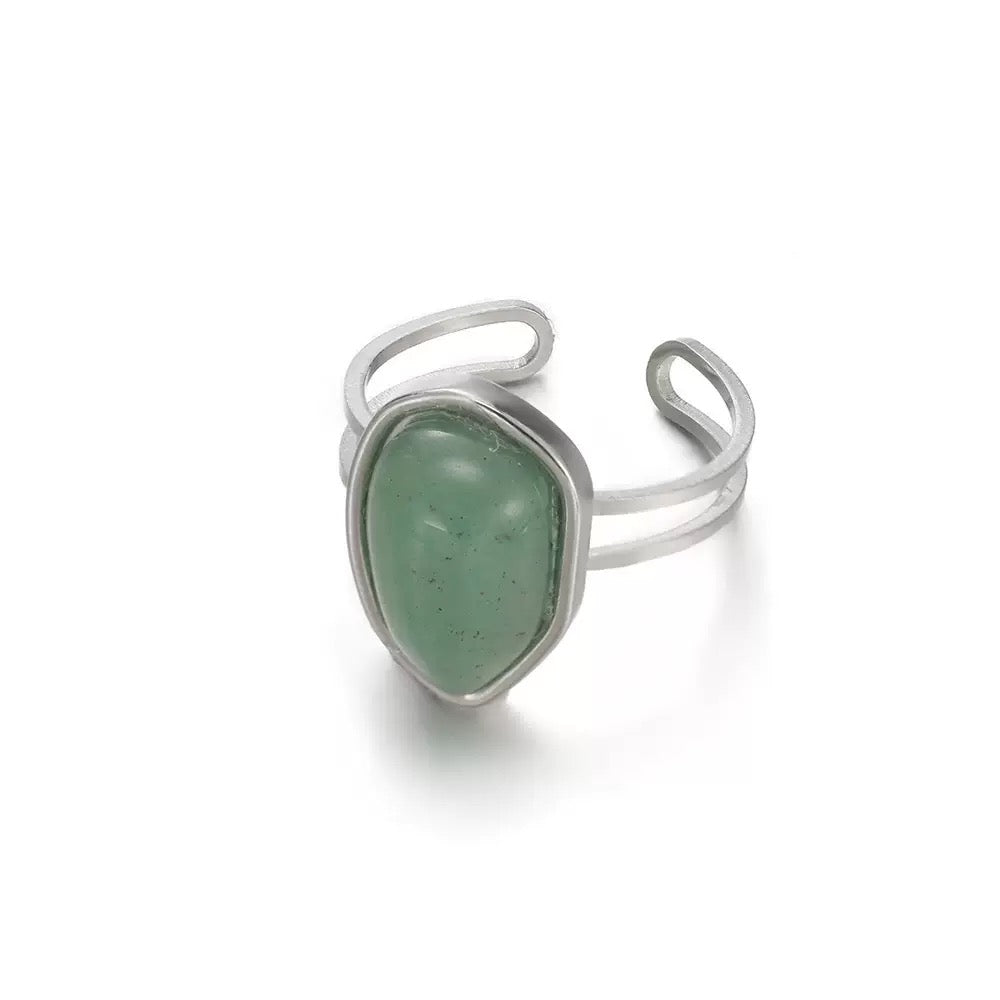 Gem stones adjustable open ring stainless steel tarnish free