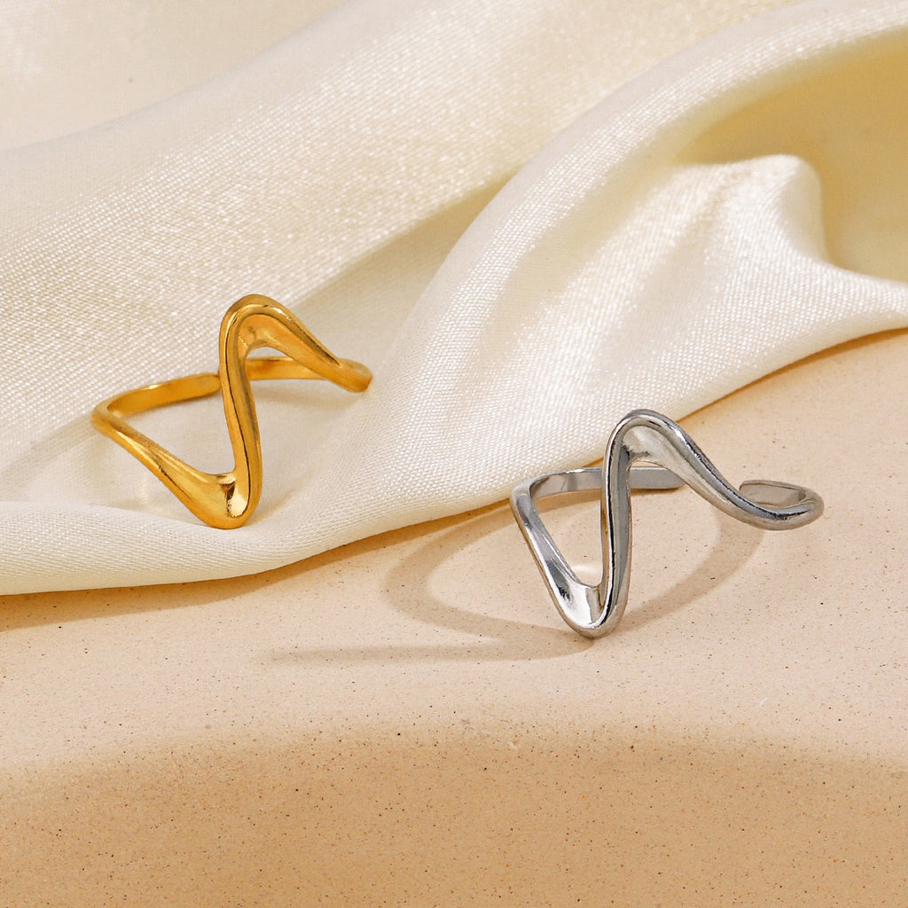 Wave geometric design adjustable open ring stainless steel water resistant