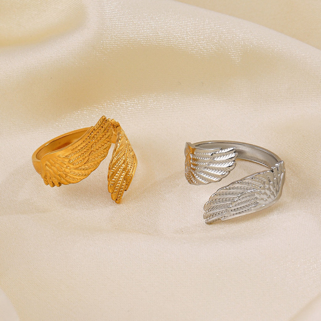 Angel wings design “ inner strength”adjustable open ring stainless steel water resistant tarnish free