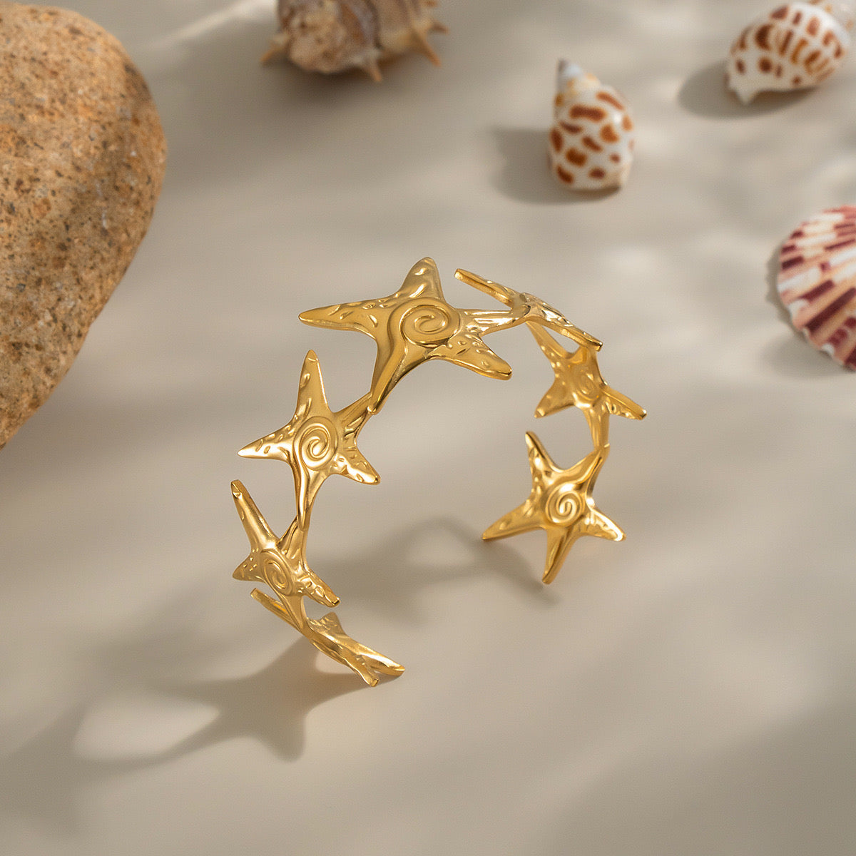 Starfish with swirl design gold&silver adjustable open bangle stainless steel tarnish free