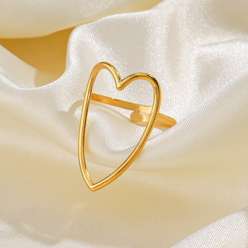 Large heart design gold&silver adjustable ring stainless steel tarnish free water resistant simple