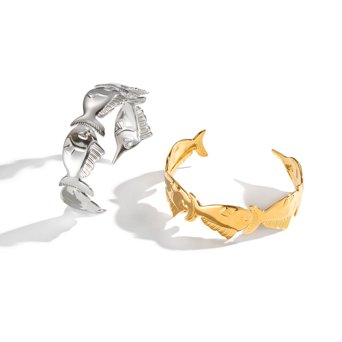 Fish ocean inspired design adjustable bangle stainless steel silver&gold tarnish free