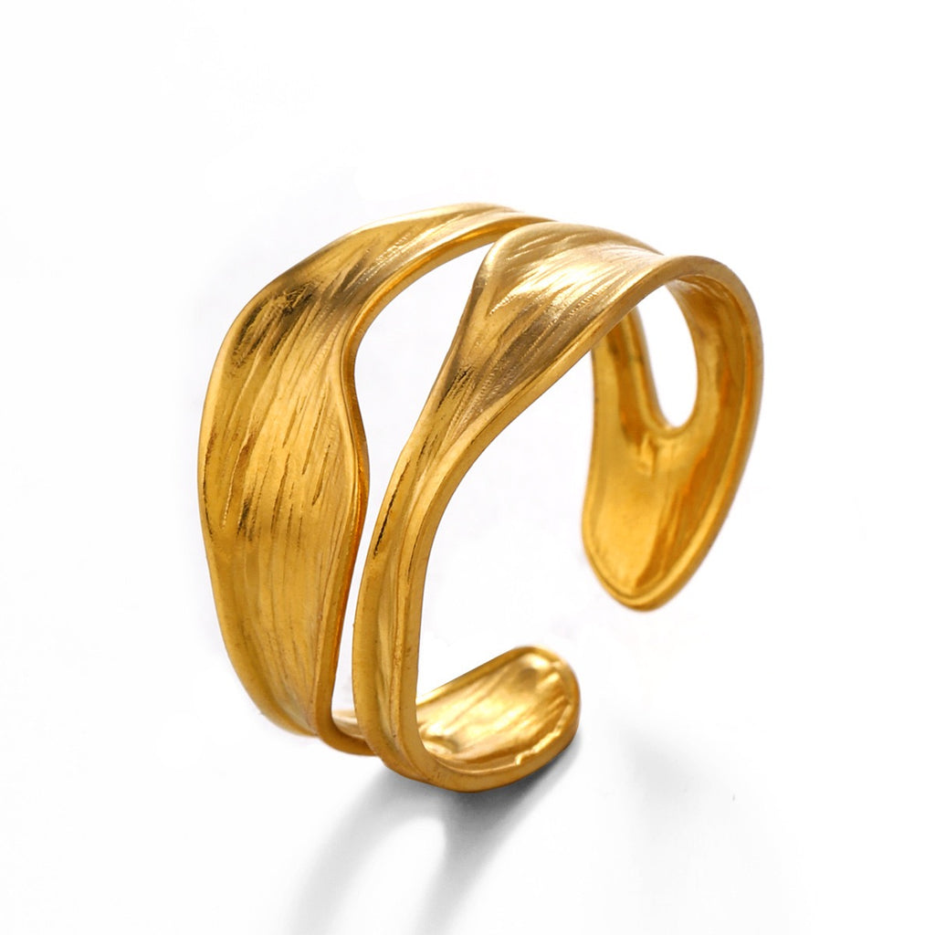 Double-layered irregular design stainless steel tarnish free water resistant adjustable size ring