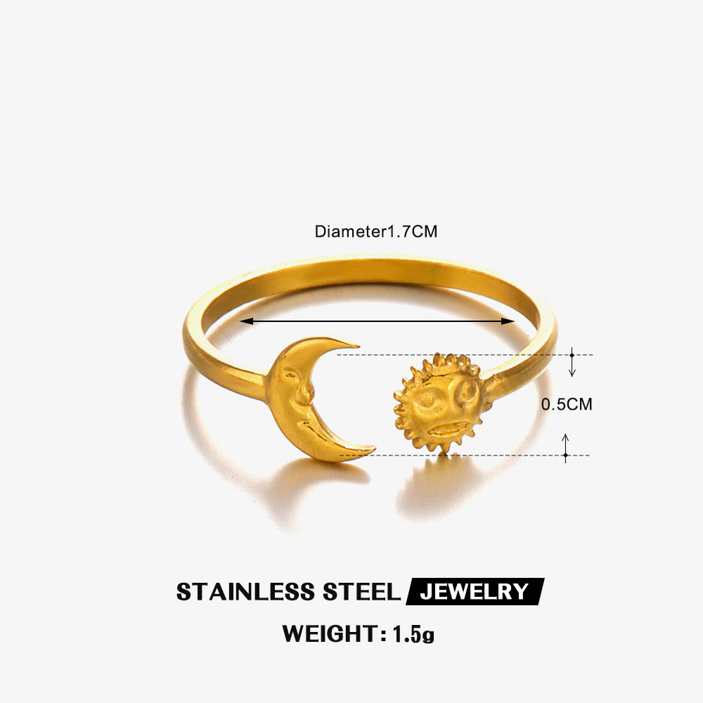 Energy design with Sun and Moon adjustable open ring Stainless steel tarnish free water resistant
