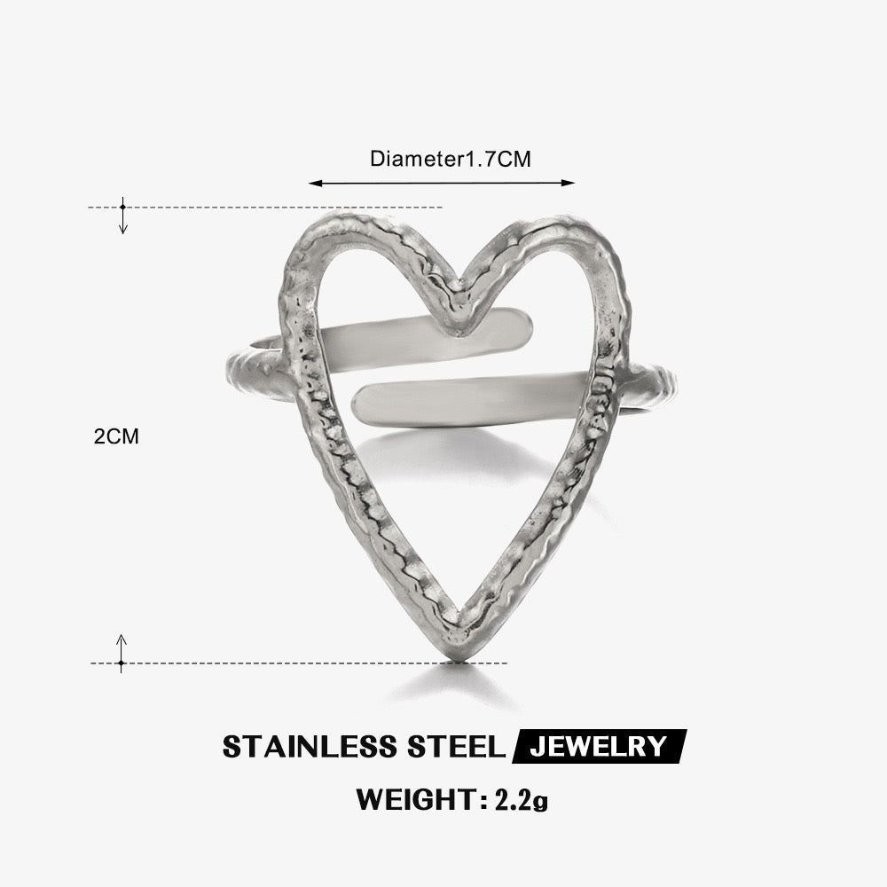 Shiny love heart design adjustable size gold & silver stainless steel water resistant ring