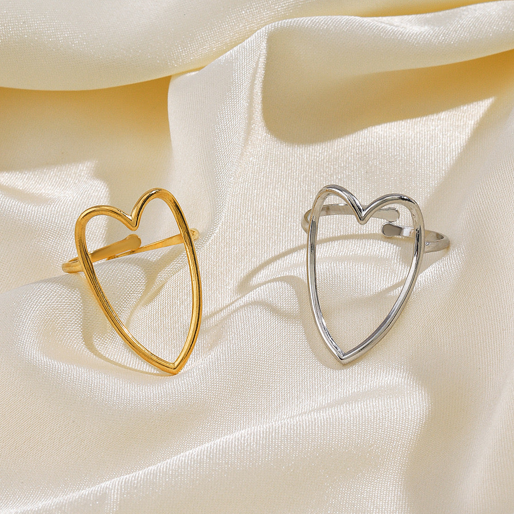 Large heart design gold&silver adjustable ring stainless steel tarnish free water resistant simple