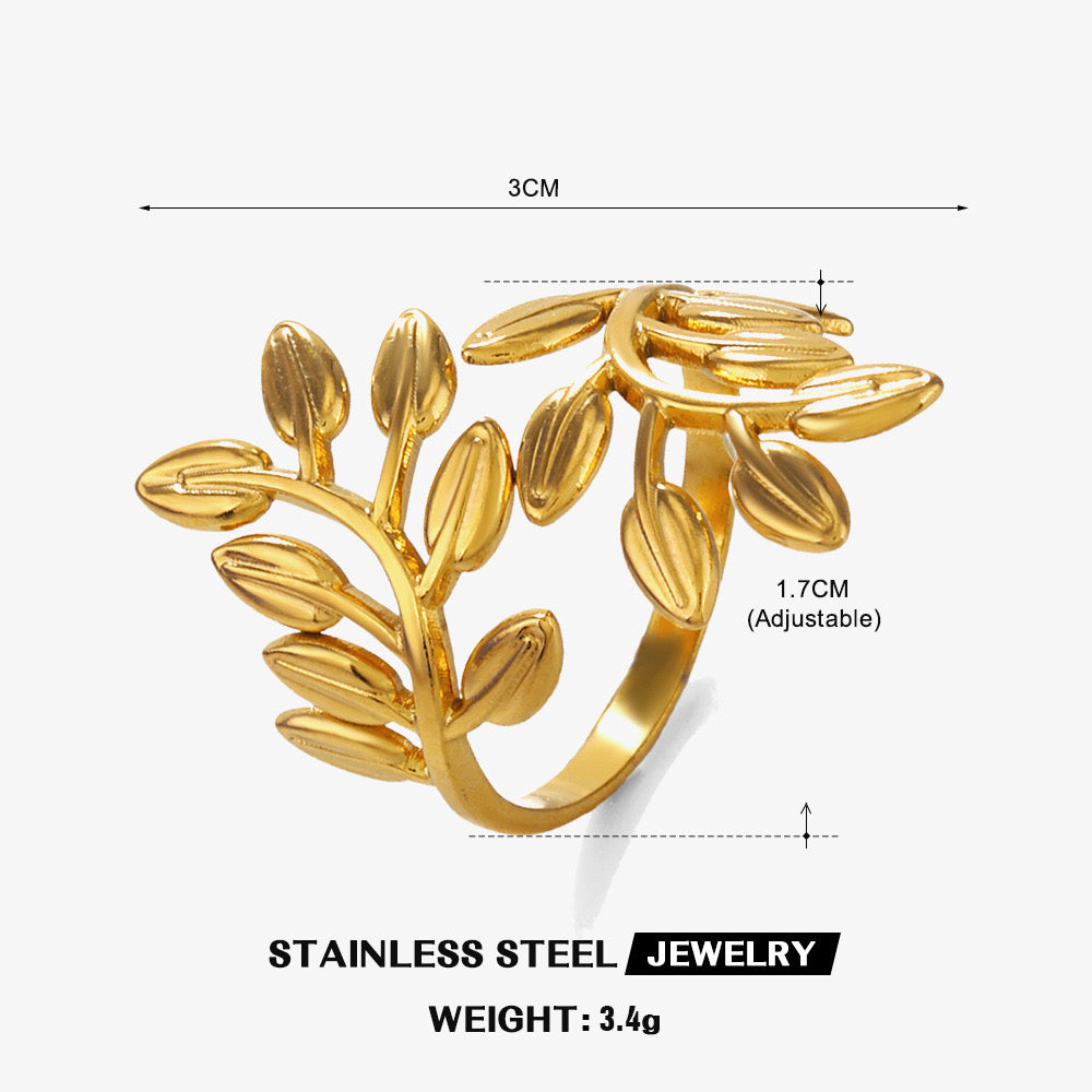Large tree leaf inspired adjustable ring stainless steel water resistant