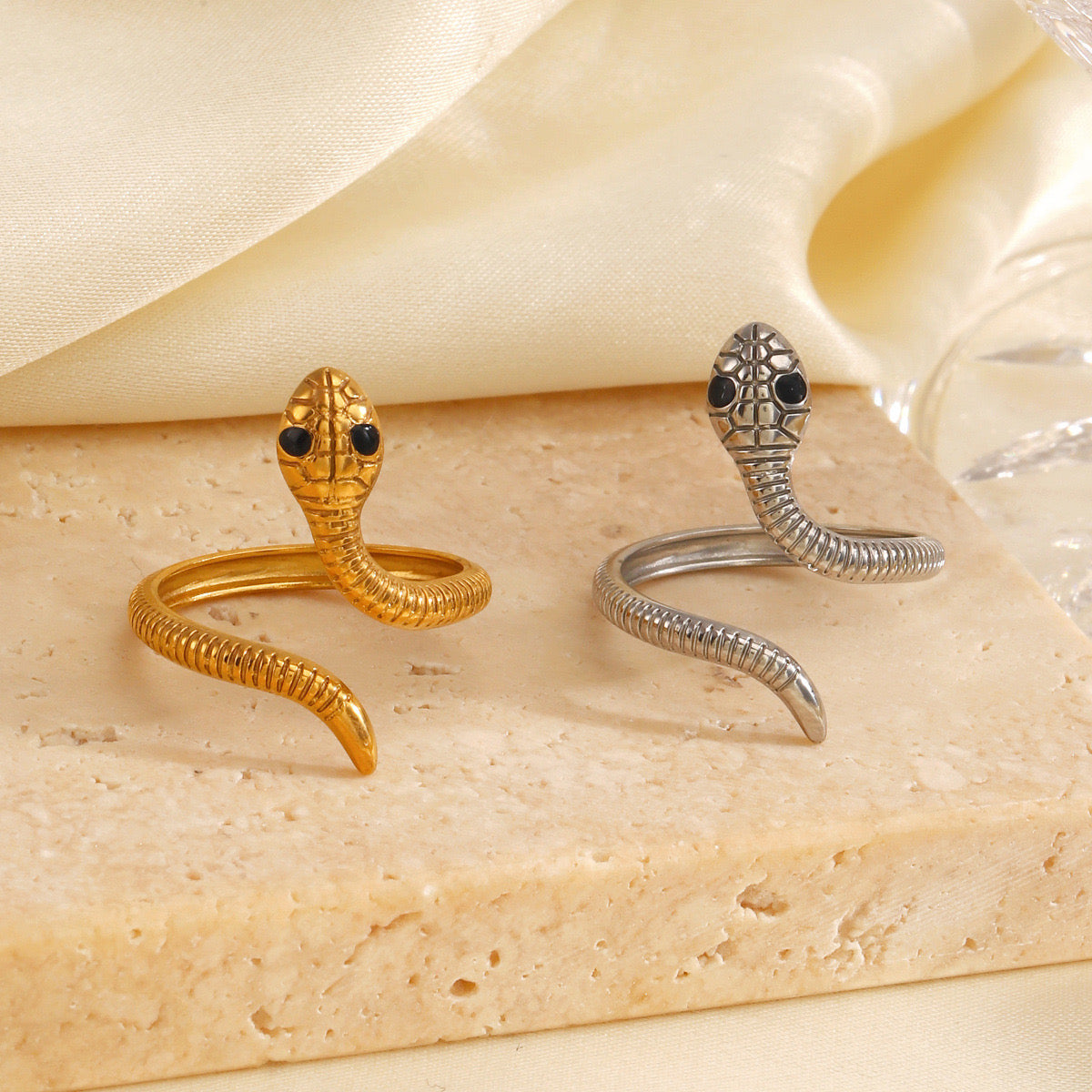 Mystery black eye snake with pattern adjustable ring gold & silver stainless steel tarnish free water resistant