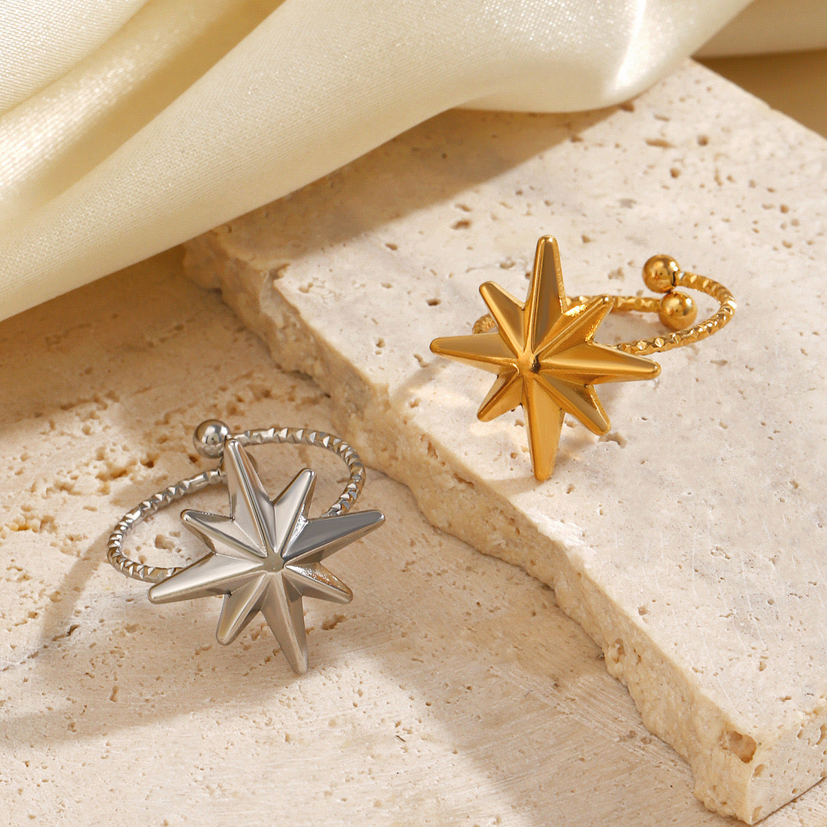 Star design stainless steel tarnish free water resistant adjustable size gold&silver ring