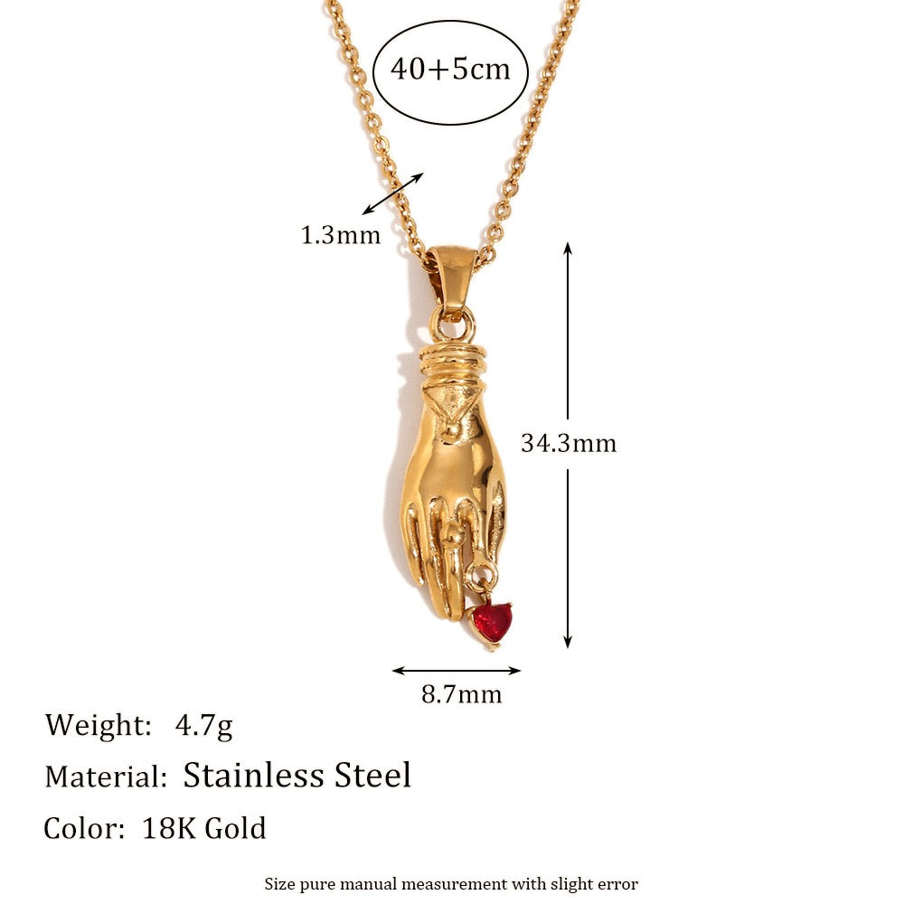 Hand with little red hearts love design silver&gold necklace stainless steel water proof