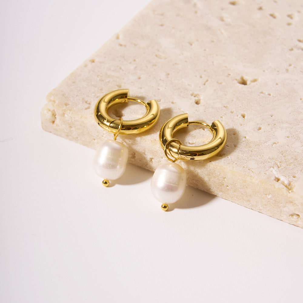 Fresh water pearls with chunky hoops earrings stainless steel water resistant