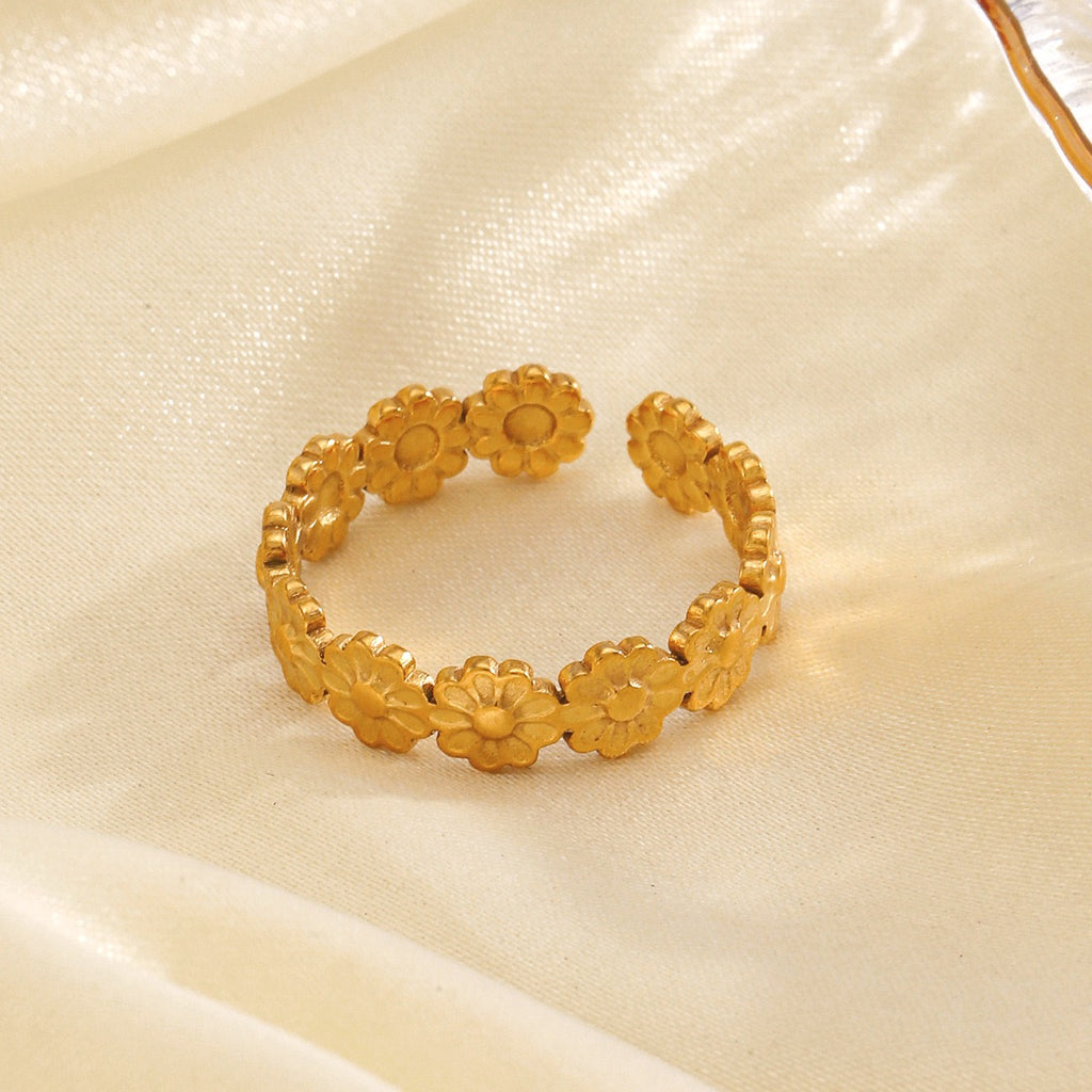 Simple gold Daisy wreath design adjustable open ring stainless steel water resistant