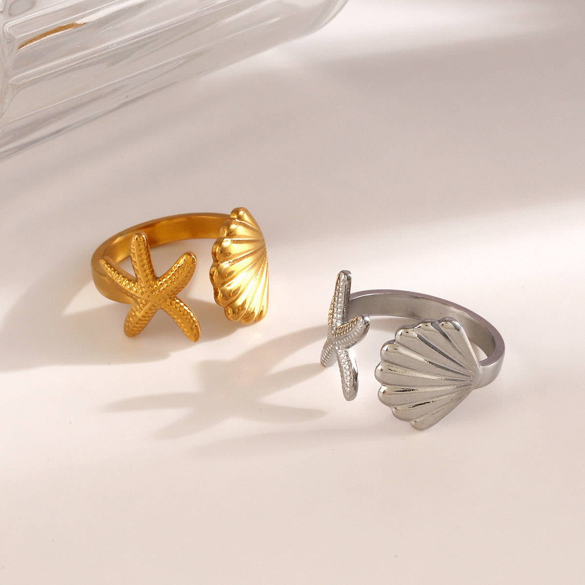 starfish and shell holiday ocean design silver &gold adjustable ring stainless steel water resistant