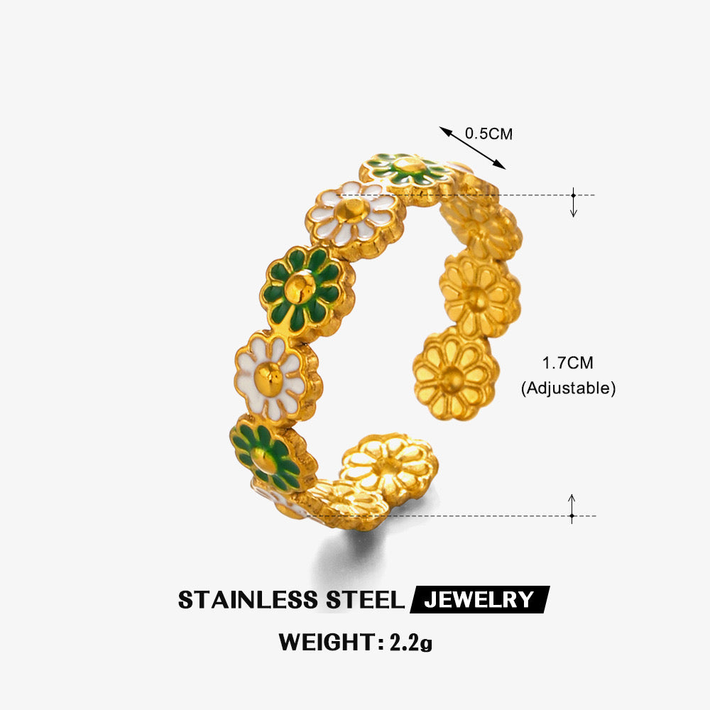 Floral Daisy design adjustable ring 18K Gold stainless steel tarnish free water resistant