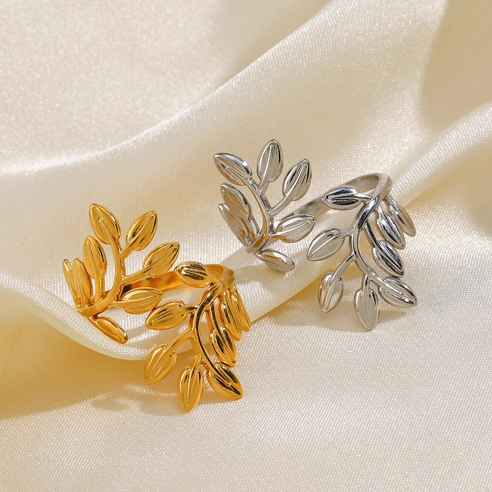 Large tree leaf inspired adjustable ring stainless steel water resistant