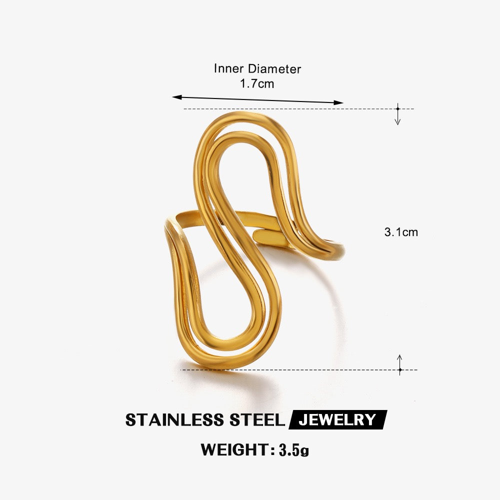 Large wave geometric “ free soul “ style adjustable open ring stainless steel water- resistant