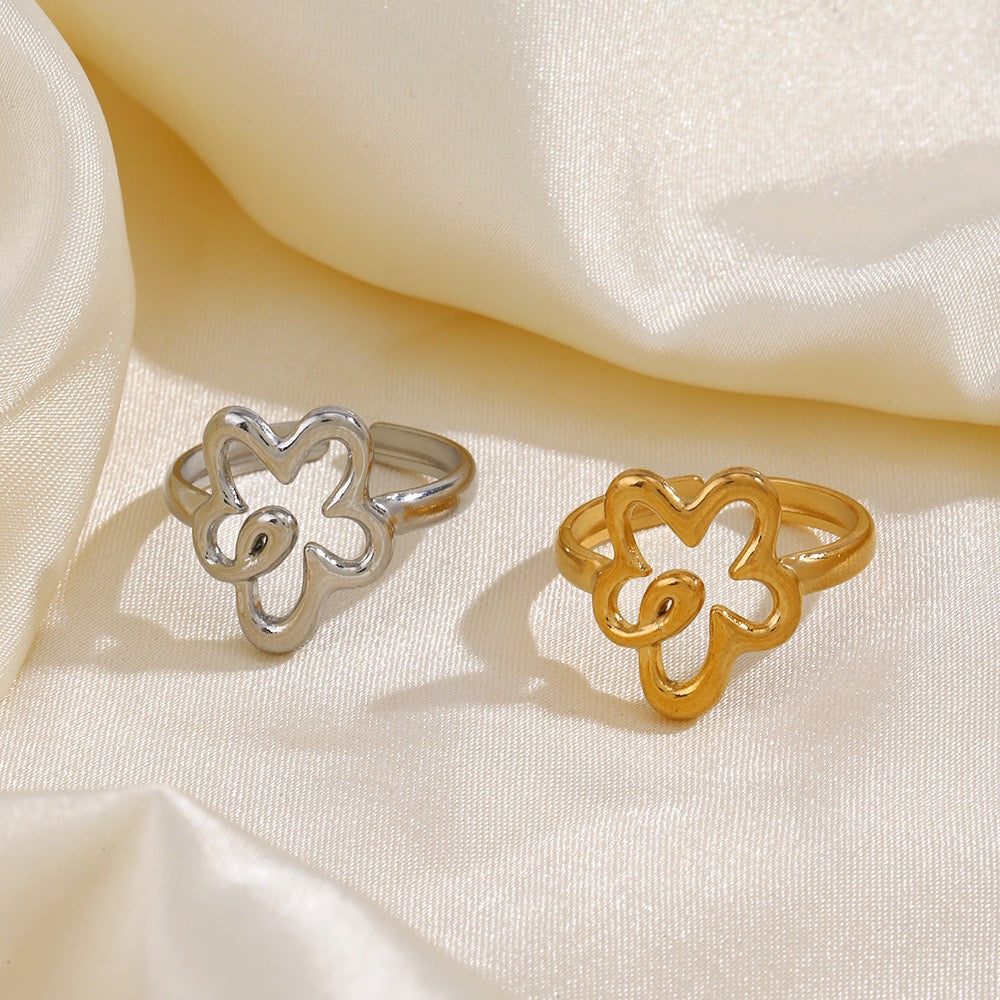 Floral geometric design adjustable open ring stainless steel water-resistant