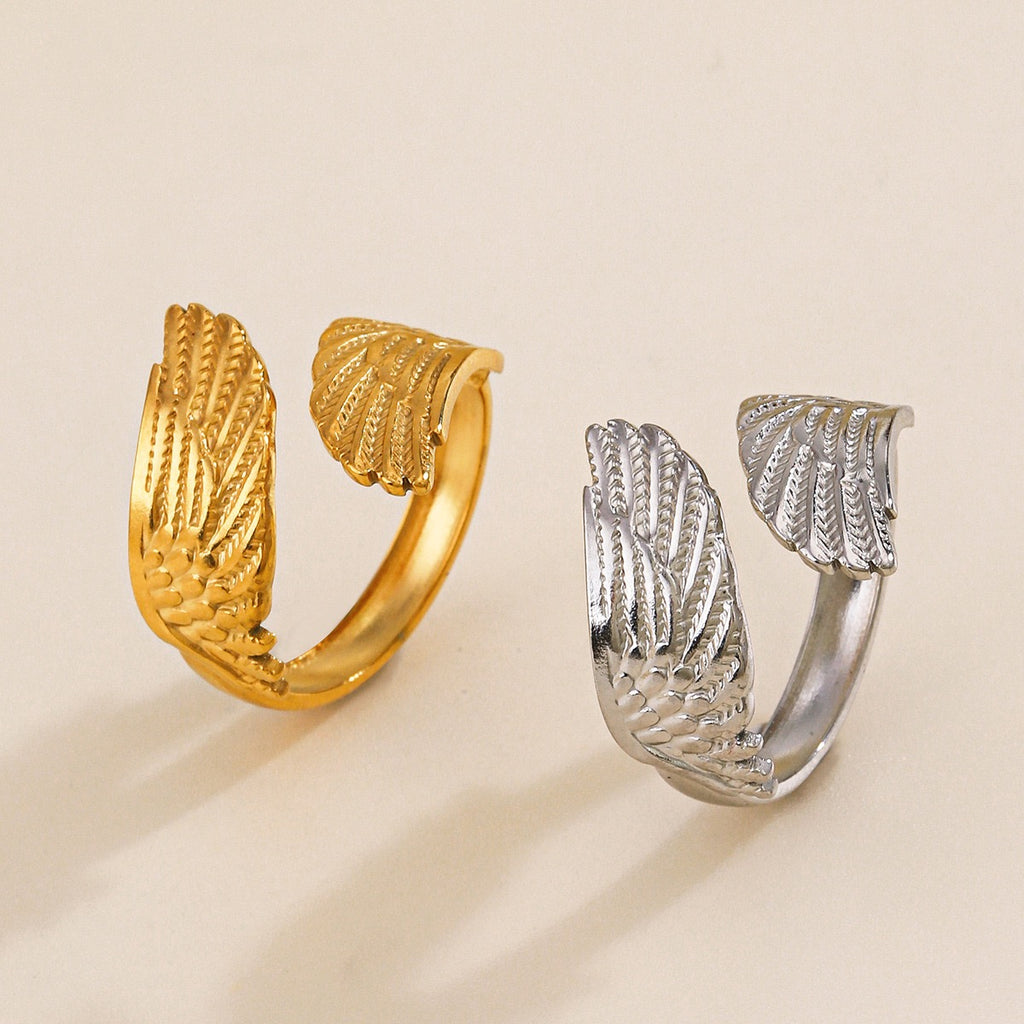 Angel wings design “ inner strength”adjustable open ring stainless steel water resistant tarnish free