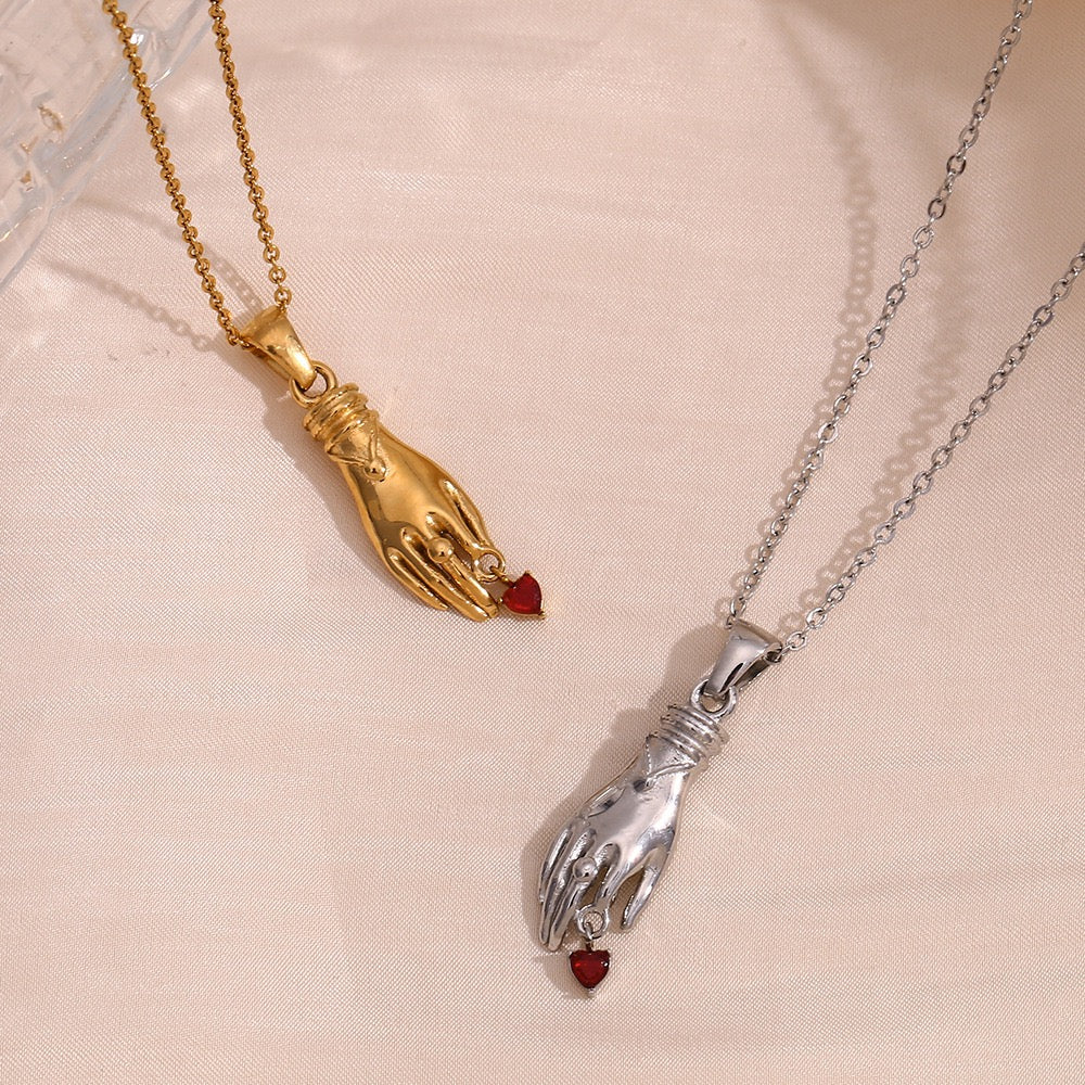 Hand with little red hearts love design silver&gold necklace stainless steel water proof