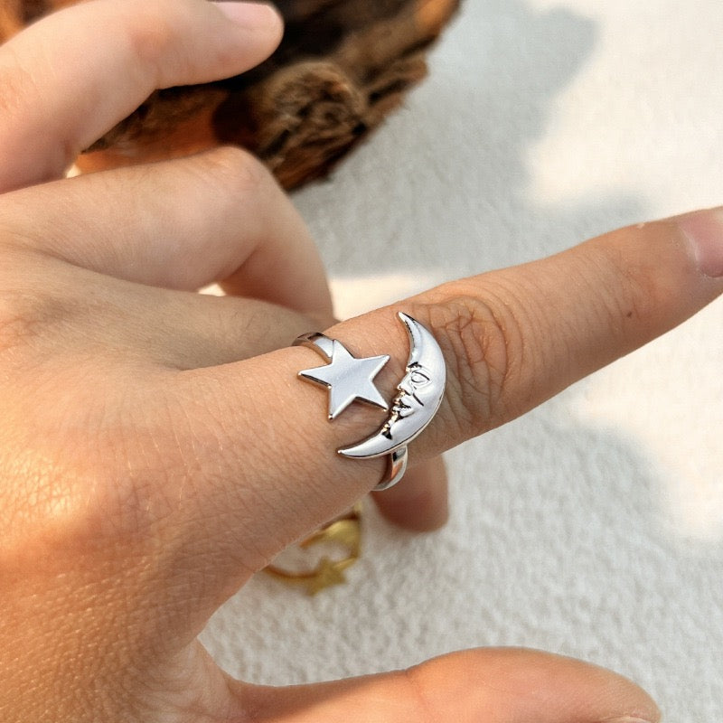 Moon with star energy open adjustable ring stainless steel tarnish free