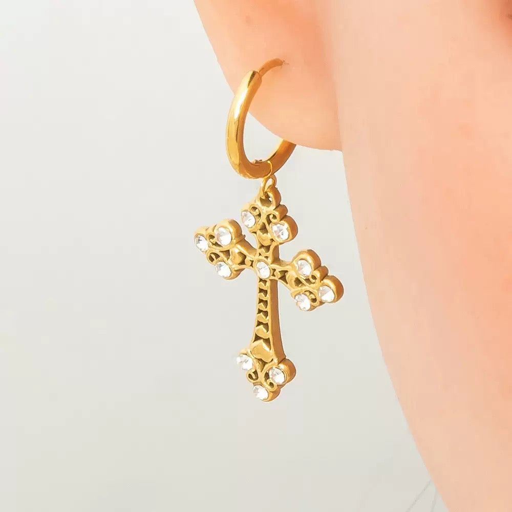 Cross with diamond fashion design dangle earrings stainless steel tarnish free