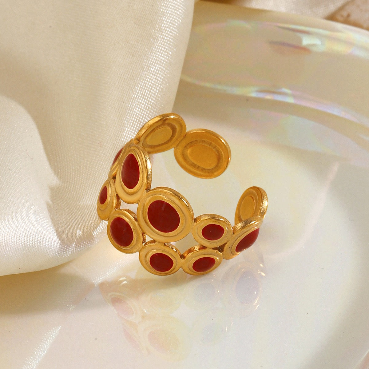 2 layers of small circles with colour ethnic style adjustable ring stainless steel water resistant