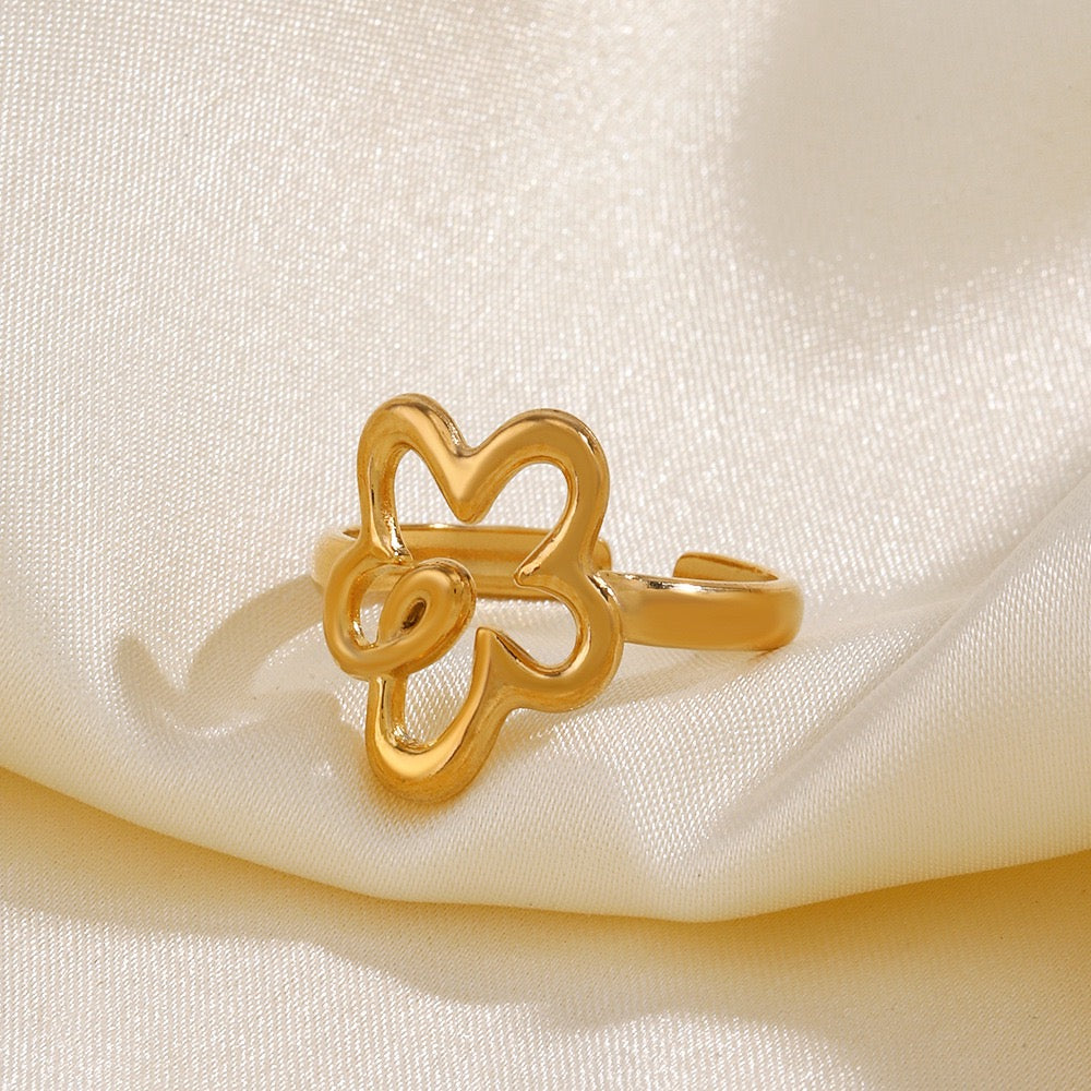 Floral geometric design adjustable open ring stainless steel water-resistant